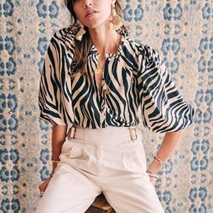 Sézane Anton Linen Cotton Zebra Animal Print Pattern Shirt - like NEW FR40/US8
